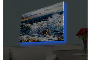 Canvastavla med LED-belysning - Dramatiska vågor som kraschar mot klippor vid havet - Mörkblå / Vit / Grön - Inredning - Tavlor & posters - Canvastavla