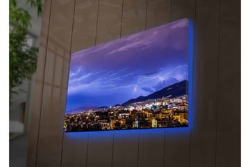 Canvastavla med LED-belysning - Dramatiskt åskväder över en stadssilhuett - Mörkblå / Lila / Vit - Inredning - Tavlor & posters - Canvastavla