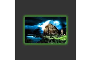 Canvastavla med LED-belysning - Dramatiskt landskap med klippor och stormiga moln - Mörkblå / Grön / Svart - Inredning - Tavlor & posters - Canvastavla