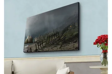 Canvastavla med LED-belysning - Dramatiskt landskap med stormiga moln och en kustlinje - Mörkgrå / Grön / Brun - Inredning - Tavlor & posters - Canvastavla