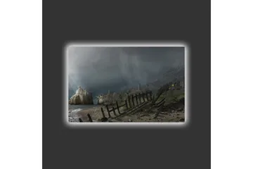 Canvastavla med LED-belysning - Dramatiskt landskap med stormiga moln och en kustlinje - Mörkgrå / Grön / Brun - Inredning - Tavlor & posters - Canvastavla