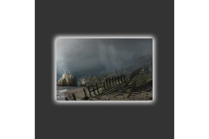 Canvastavla med LED-belysning - Dramatiskt landskap med stormiga moln och en kustlinje - Mörkgrå / Grön / Brun - Inredning - Tavlor & posters - Canvastavla