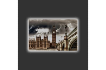 Canvastavla med LED-belysning - Dramatiskt stadslandskap med Big Ben och en bro under mörka moln - Grå / Beige / Mörkbrun - Inredning - Tavlor & posters - Canvastavla