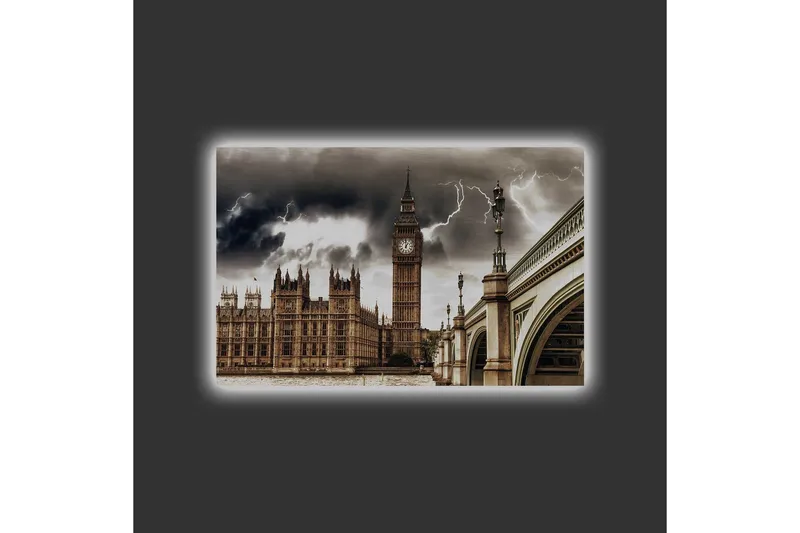 Canvastavla med LED-belysning - Dramatiskt stadslandskap med Big Ben och en bro under mörka moln - Grå / Beige / Mörkbrun - Inredning - Tavlor & posters - Canvastavla