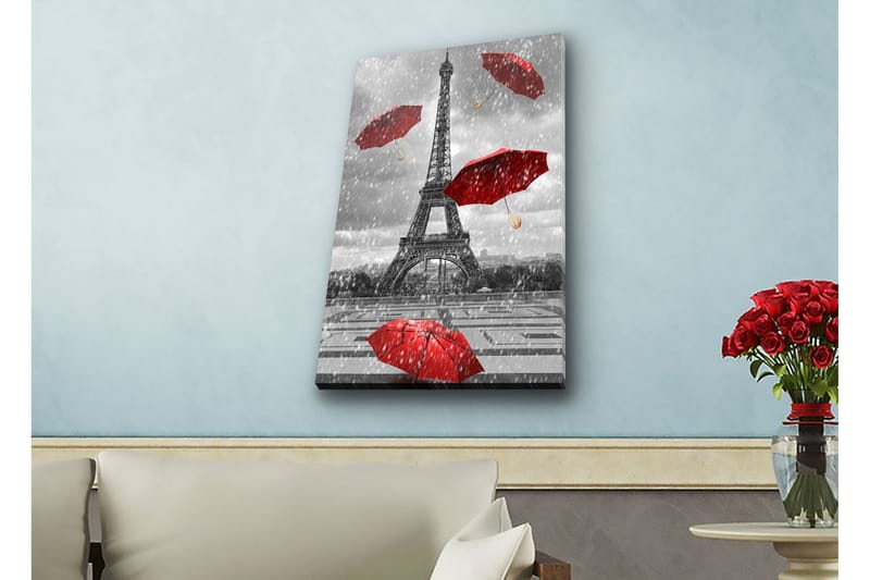 Canvastavla med LED-belysning - Eiffeltornet omgiven av röda paraplyer i regnigt väder - Röd / Grå - Inredning - Tavlor & posters - Canvastavla