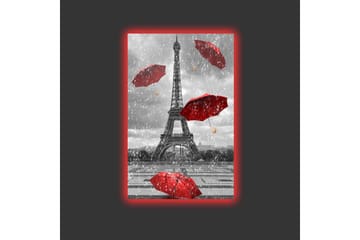 Canvastavla med LED-belysning - Eiffeltornet omgiven av röda paraplyer i regnigt väder - Röd / Grå - Inredning - Tavlor & posters - Canvastavla