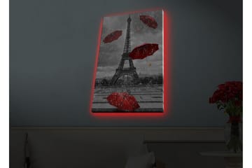 Canvastavla med LED-belysning - Eiffeltornet omgiven av röda paraplyer i regnigt väder - Röd / Grå - Inredning - Tavlor & posters - Canvastavla