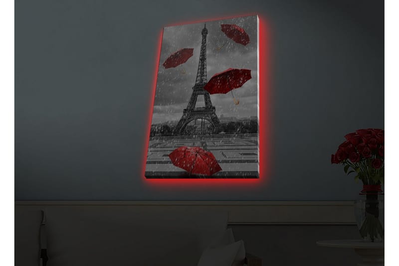 Canvastavla med LED-belysning - Eiffeltornet omgiven av röda paraplyer i regnigt väder - Röd / Grå - Inredning - Tavlor & posters - Canvastavla