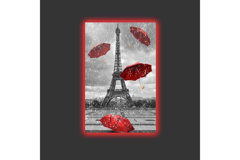 Canvastavla med LED-belysning - Eiffeltornet omgiven av röda paraplyer i regnigt väder - Röd / Grå - Inredning - Tavlor & posters - Canvastavla