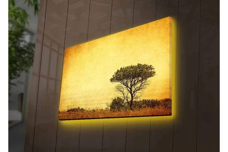 Canvastavla med LED-belysning - Ensam trädkontur mot en gyllene himmel - Guld / Brunt / Svart - Inredning - Tavlor & posters - Canvastavla