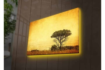 Canvastavla med LED-belysning - Ensam trädkontur mot en gyllene himmel - Guld / Brunt / Svart - Inredning - Tavlor & posters - Canvastavla