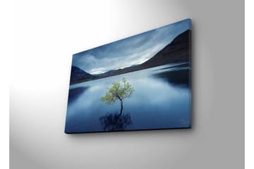 Canvastavla med LED-belysning - Ensam trädkrona som speglas i stilla vatten - Mörkblå / Grön / Grå - Inredning - Tavlor & posters - Canvastavla