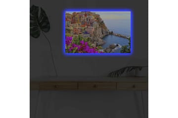 Canvastavla med LED-belysning - Färgglad kustby med färgglada hus och havsutsikt - Lila / Orange / Blå - Inredning - Tavlor & posters - Canvastavla