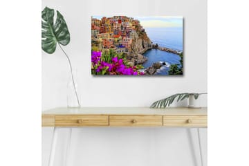 Canvastavla med LED-belysning - Färgglad kustby med färgglada hus och havsutsikt - Lila / Orange / Blå - Inredning - Tavlor & posters - Canvastavla