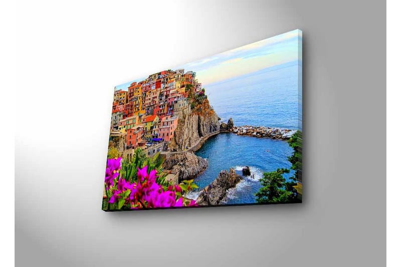 Canvastavla med LED-belysning - Färgglad kustby med färgglada hus och havsutsikt - Lila / Orange / Blå - Inredning - Tavlor & posters - Canvastavla