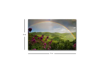 Canvastavla med LED-belysning - Färgglad regnbåge över gröna berg och blommor - Grön / Lila / Blå - Inredning - Tavlor & posters - Canvastavla