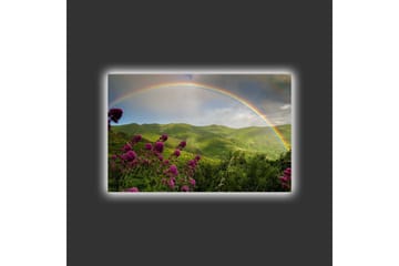 Canvastavla med LED-belysning - Färgglad regnbåge över gröna berg och blommor - Grön / Lila / Blå - Inredning - Tavlor & posters - Canvastavla