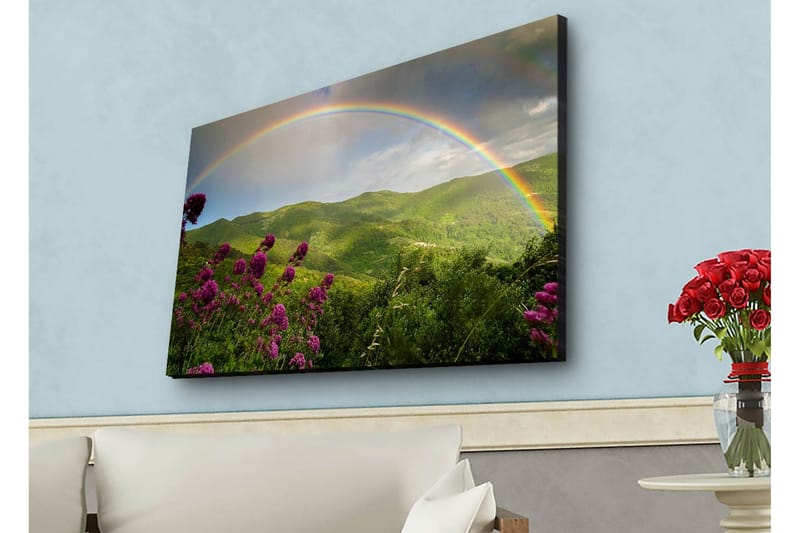 Canvastavla med LED-belysning - Färgglad regnbåge över gröna berg och blommor - Grön / Lila / Blå - Inredning - Tavlor & posters - Canvastavla