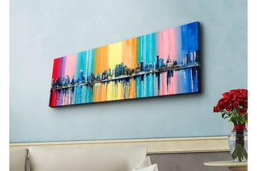 Canvastavla med LED-belysning - Färgglad stadsbild med horisontlinje och reflektioner i vatten - Blå / Rosa / Orange - Inredning - Tavlor & posters - Canvastavla