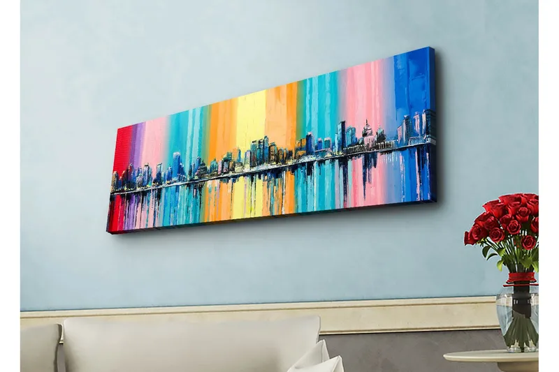 Canvastavla med LED-belysning - Färgglad stadsbild med horisontlinje och reflektioner i vatten - Blå / Rosa / Orange - Inredning - Tavlor & posters - Canvastavla