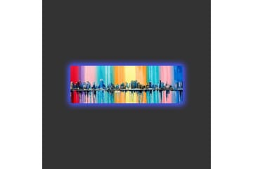 Canvastavla med LED-belysning - Färgglad stadsbild med horisontlinje och reflektioner i vatten - Blå / Rosa / Orange - Inredning - Tavlor & posters - Canvastavla