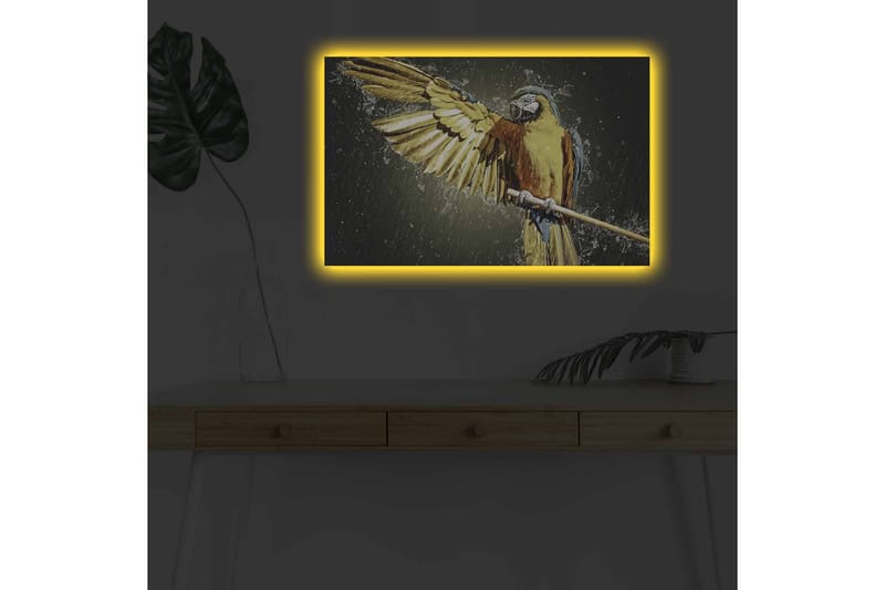 Canvastavla med LED-belysning - Färgglad papegoja med utsträckta vingar - Guld / Blå / Grön - Inredning - Tavlor & posters - Canvastavla