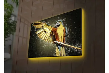 Canvastavla med LED-belysning - Färgglad papegoja med utsträckta vingar - Guld / Blå / Grön - Inredning - Tavlor & posters - Canvastavla
