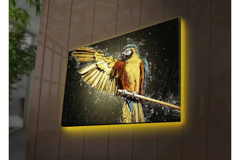 Canvastavla med LED-belysning - Färgglad papegoja med utsträckta vingar - Guld / Blå / Grön - Inredning - Tavlor & posters - Canvastavla