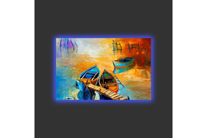 Canvastavla med LED-belysning - Färgglada båtar vid en brygga i en solnedgång - Blå / Orange / Gul - Inredning - Tavlor & posters - Canvastavla