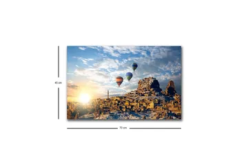 Canvastavla med LED-belysning - Färgglada luftballonger sväva över en bergig landskapsscen med solnedgång - Guld / Blå / Orange - Inredning - Tavlor & posters - Canvastavla