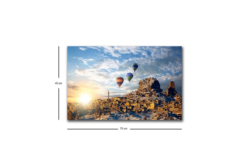 Canvastavla med LED-belysning - Färgglada luftballonger sväva över en bergig landskapsscen med solnedgång - Guld / Blå / Orange - Inredning - Tavlor & posters - Canvastavla