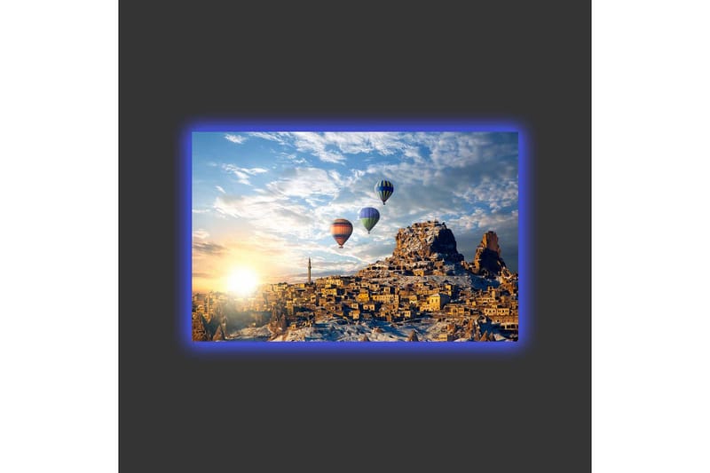 Canvastavla med LED-belysning - Färgglada luftballonger sväva över en bergig landskapsscen med solnedgång - Guld / Blå / Orange - Inredning - Tavlor & posters - Canvastavla