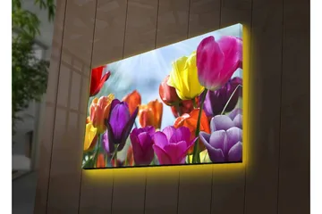 Canvastavla med LED-belysning - Färgrik bukett av tulpaner - Lila / Röd / Gul - Inredning - Tavlor & posters - Canvastavla