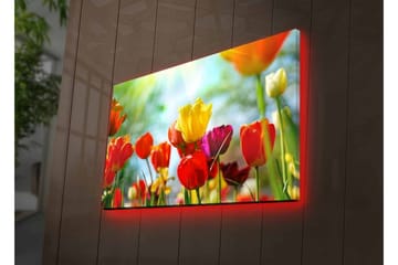 Canvastavla med LED-belysning - Färgrik bukett av tulpaner - Röd / Gul / Lila - Inredning - Tavlor & posters - Canvastavla