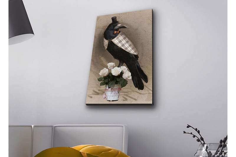 Canvastavla med LED-belysning - Fågel i elegant klädsel med en bukett rosor - Svart / Ljusrosa / Beige - Inredning - Tavlor & posters - Canvastavla