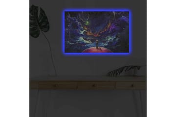 Canvastavla med LED-belysning - Fantastisk rymdscen med en människa och en hund på en planet - Lila / Blå / Rosa - Inredning - Tavlor & posters - Canvastavla
