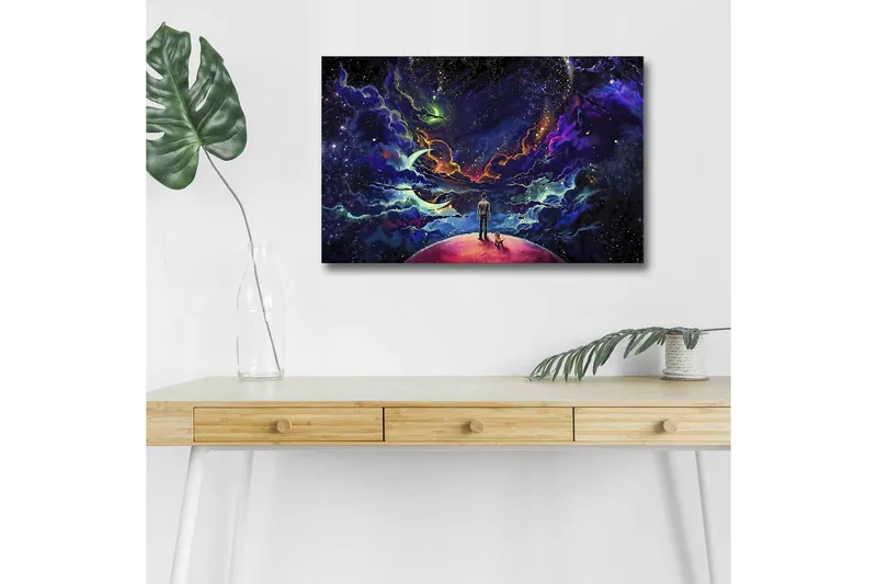 Canvastavla med LED-belysning - Fantastisk rymdscen med en människa och en hund på en planet, Lila / Blå / Rosa