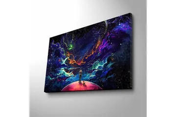 Canvastavla med LED-belysning - Fantastisk rymdscen med en människa och en hund på en planet - Lila / Blå / Rosa - Inredning - Tavlor & posters - Canvastavla