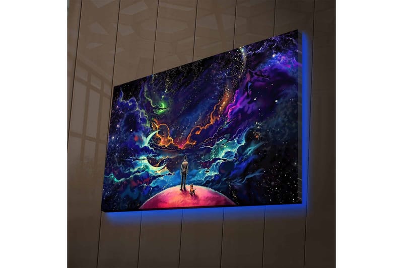 Canvastavla med LED-belysning - Fantastisk rymdscen med en människa och en hund på en planet - Lila / Blå / Rosa - Inredning - Tavlor & posters - Canvastavla