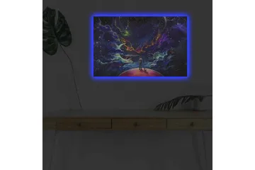 Canvastavla med LED-belysning - Fantastisk rymdscen med en människa och en hund på en planet - Lila / Blå / Rosa - Inredning - Tavlor & posters - Canvastavla