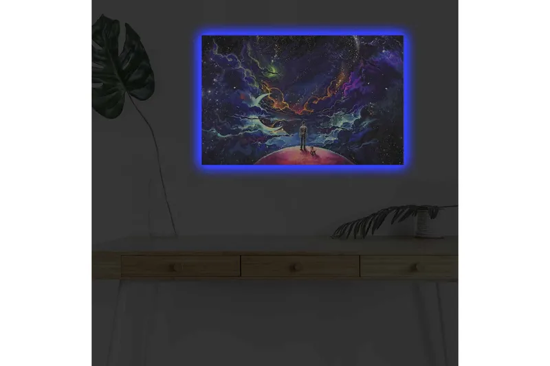 Canvastavla med LED-belysning - Fantastisk rymdscen med en människa och en hund på en planet - Lila / Blå / Rosa - Inredning - Tavlor & posters - Canvastavla