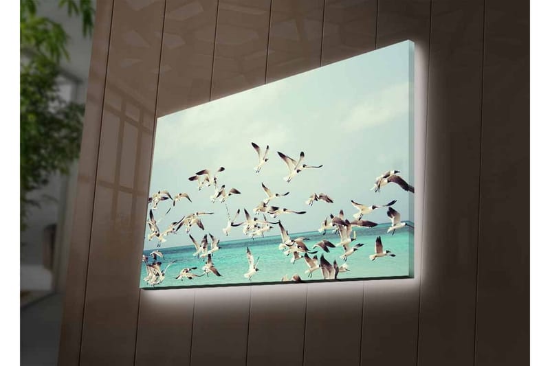 Canvastavla med LED-belysning - Flock av fåglar som flyger över en blå havsyta - Ljusblå / Vit / Svart - Inredning - Tavlor & posters - Canvastavla