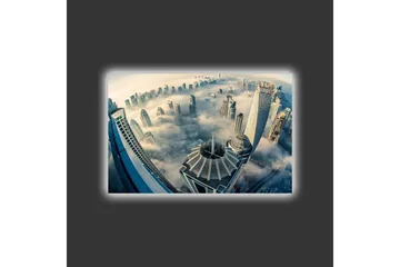 Canvastavla med LED-belysning - Futuristisk stadslandskap med höga skyskrapor i dimma - Grå / Blå / Beige - Inredning - Tavlor & posters - Canvastavla