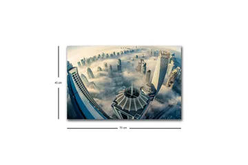 Canvastavla med LED-belysning - Futuristisk stadslandskap med höga skyskrapor i dimma - Grå / Blå / Beige - Inredning - Tavlor & posters - Canvastavla