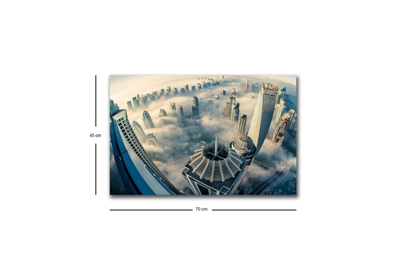 Canvastavla med LED-belysning - Futuristisk stadslandskap med höga skyskrapor i dimma - Grå / Blå / Beige - Inredning - Tavlor & posters - Canvastavla