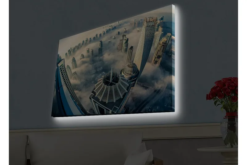 Canvastavla med LED-belysning - Futuristisk stadslandskap med höga skyskrapor i dimma, Grå / Blå / Beige