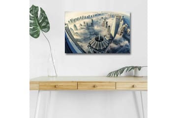 Canvastavla med LED-belysning - Futuristisk stadslandskap med skyskrapor i dimma - Grå / Blå / Vit - Inredning - Tavlor & posters - Canvastavla