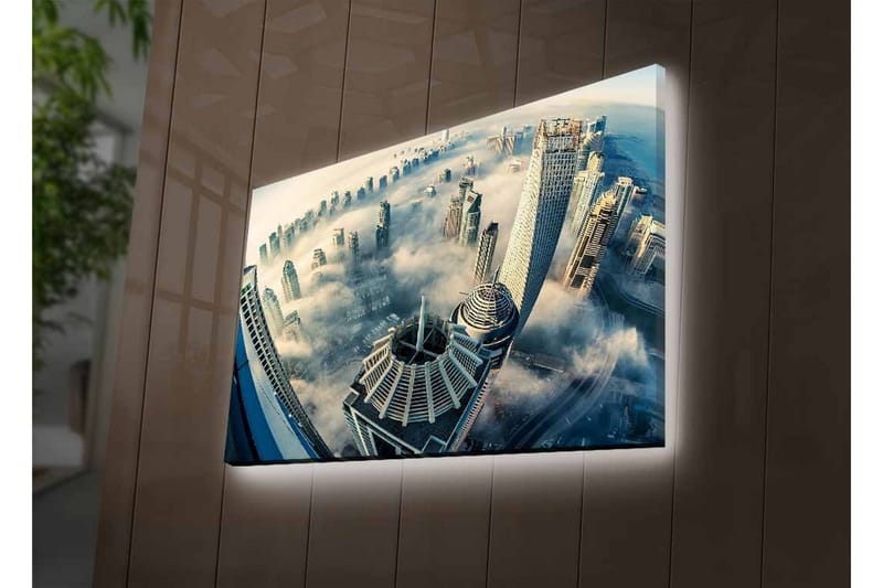 Canvastavla med LED-belysning - Futuristisk stadslandskap med skyskrapor i dimma - Grå / Blå / Vit - Inredning - Tavlor & posters - Canvastavla