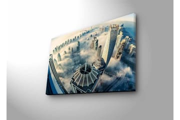 Canvastavla med LED-belysning - Futuristisk stadslandskap med skyskrapor i dimma - Grå / Blå / Vit - Inredning - Tavlor & posters - Canvastavla