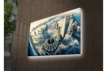 Canvastavla med LED-belysning - Futuristisk stadslandskap med skyskrapor i dimma - Grå / Blå / Vit - Inredning - Tavlor & posters - Canvastavla